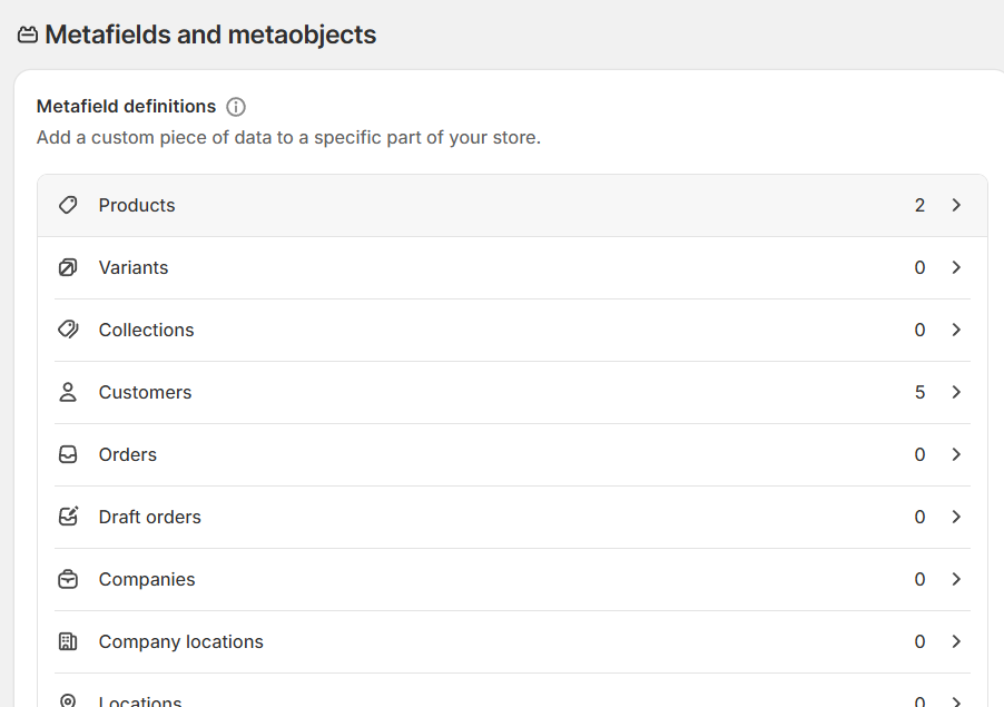 Shopify Metafields and metaobjects settings