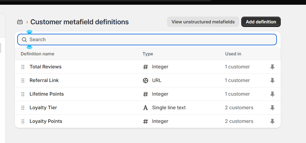 Customer metafield definitions page
