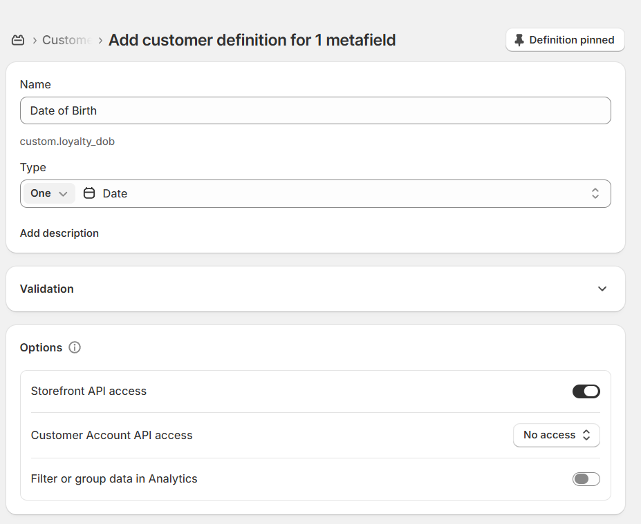 Add customer definition for 1 metafield